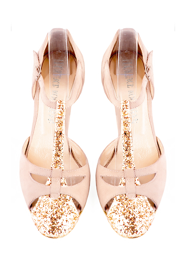 Copper gold and powder pink women's T-strap open side shoes. Round toe. Medium block heels. Top view - Florence KOOIJMAN